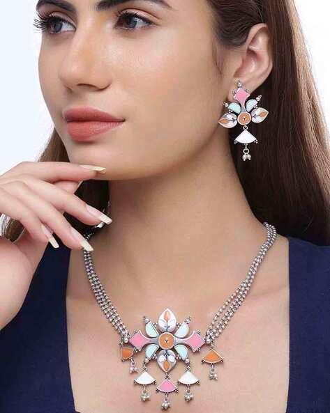 Voylla Sliver-Plated Necklace & Earrings Set