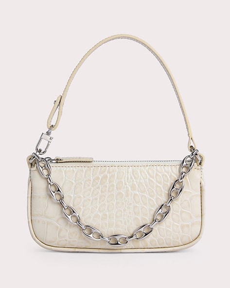 Buy By Far Croc Embossed Mini Baguette with Chain Strap Cream