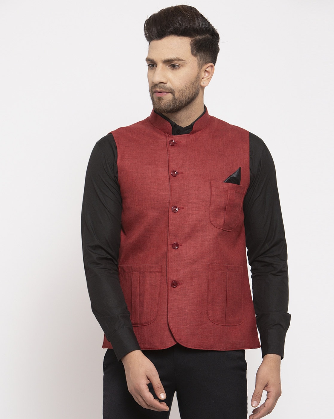 Wintage Men's Wool Blend Grandad Nehru Jacket Vest Waistcoat: Dark Maroon