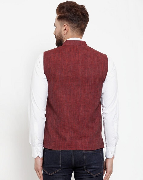 Red nehru jacket hot sale with jeans