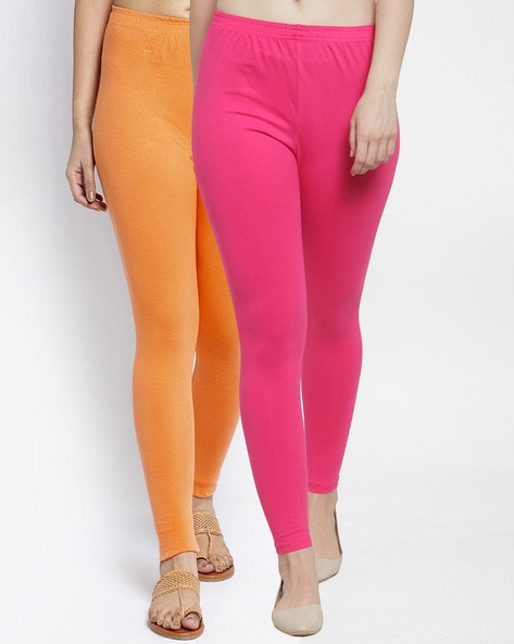 Buy HUGGY Cotton Bright Orange, Hot Pink, Polar Smoke Women's Leggings  (Pack of 3 -M) at Amazon.in