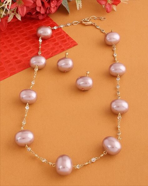 Pink Pearl Silk Thread Necklace and Earrings  Fashionous