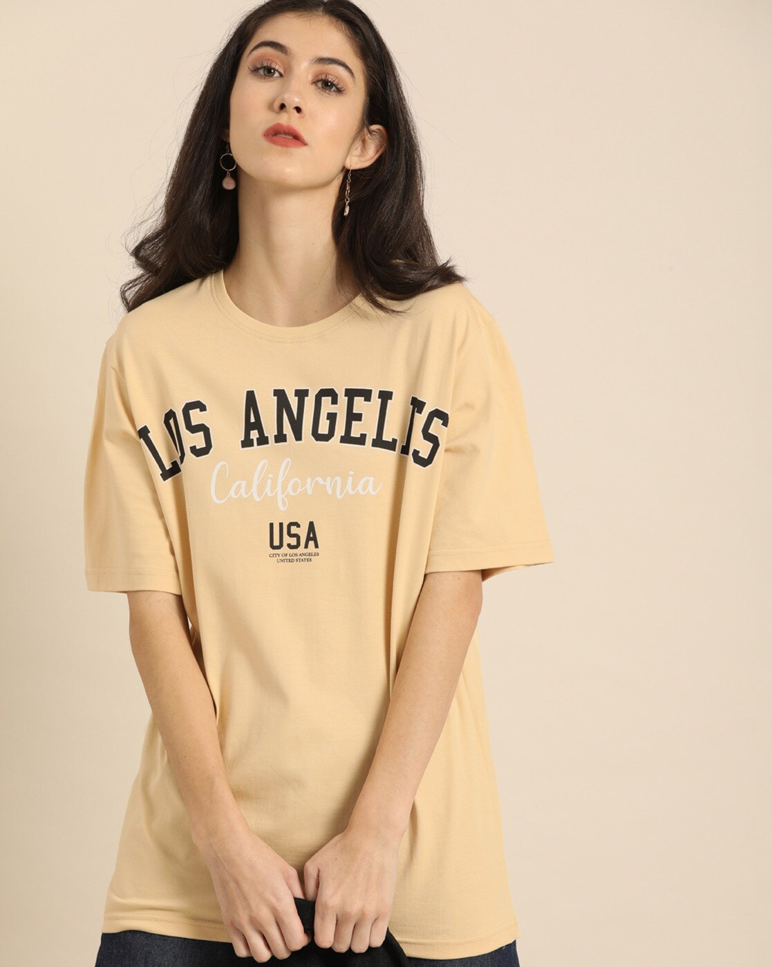 Los Angeles Printed Oversized Tee Beige