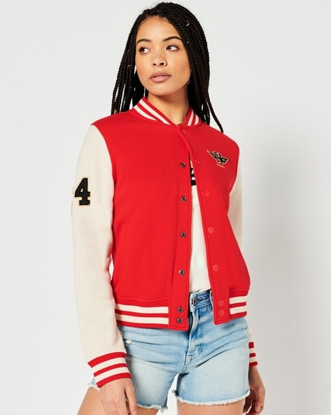 Amazon.com: Jackets for Women- Letter Patched Striped Trim Drop Shoulder Varsity  Jacket (Color : Red, Size : Large) : Clothing, Shoes & Jewelry