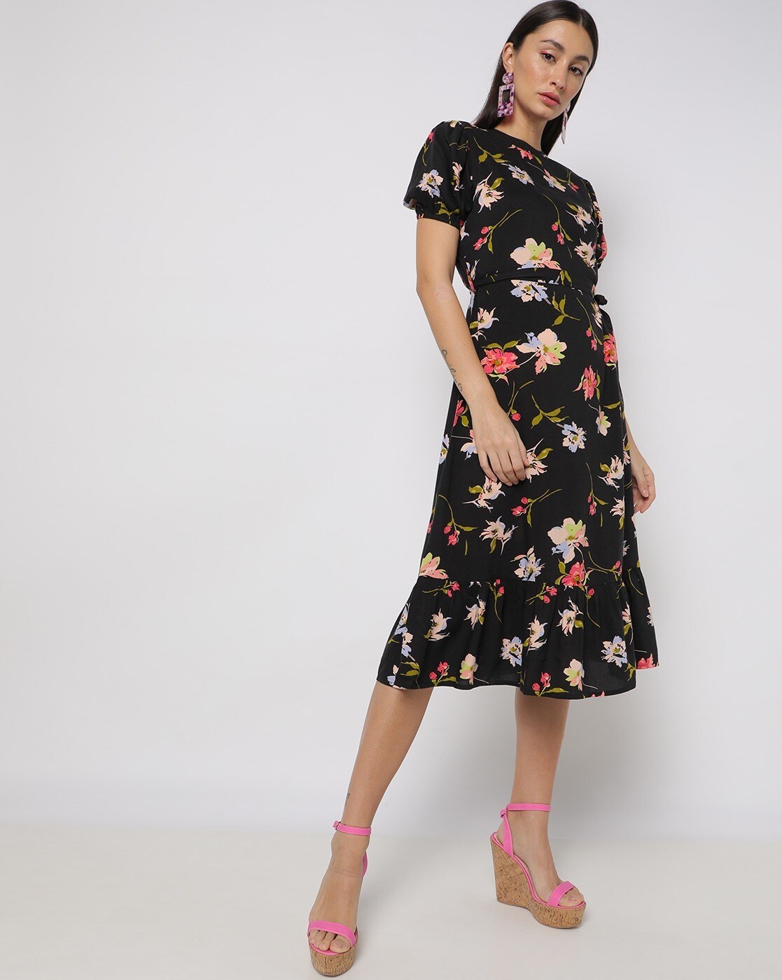 Buy Black Organza Embroidery V Neck Floral Print Dress For Women by Gauri &  Nainika Online at Aza Fashions.