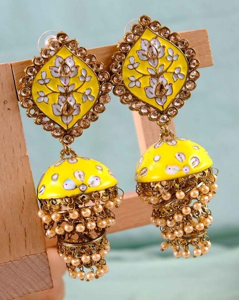 Yellow Meenakari Indian Jhumka Earring with Bali  FashionCrabcom