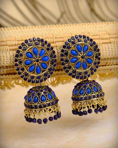 Blue Chalcedony Semi-precious 18K Gold Plated Drop Jhumka Earrings