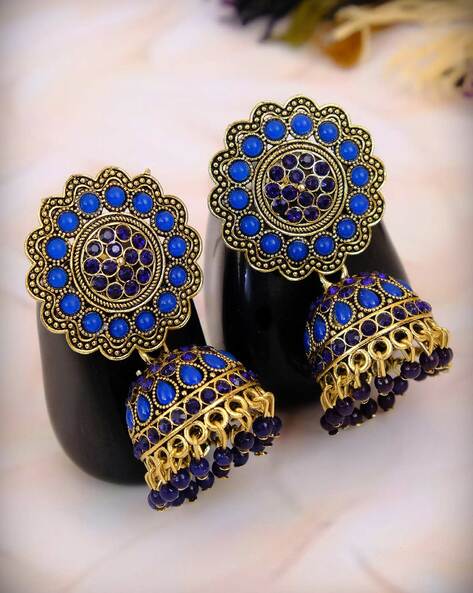 Gold Plated Teardrop Design Navy Blue Color Semiprecious Monalisa Stone  With Hanging White Pearls Dangler Earring