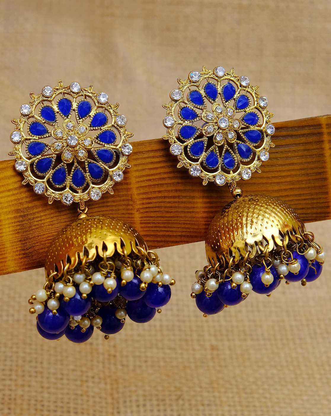 Fida Ethnic Traditional Bridal Gold Plated Navy Blue Enameled Pearl Hoop  Jhumka Drop Earrings