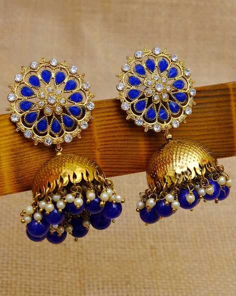 Blue Stone Oxidised Jhumka Earrings for Women Online at Silvermerc |  GME_2734 – Silvermerc Designs