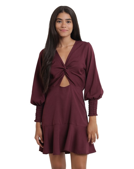 Empire Waist Knot Front Wrap Dress Burgundy | Shop Online – Paramita Designs