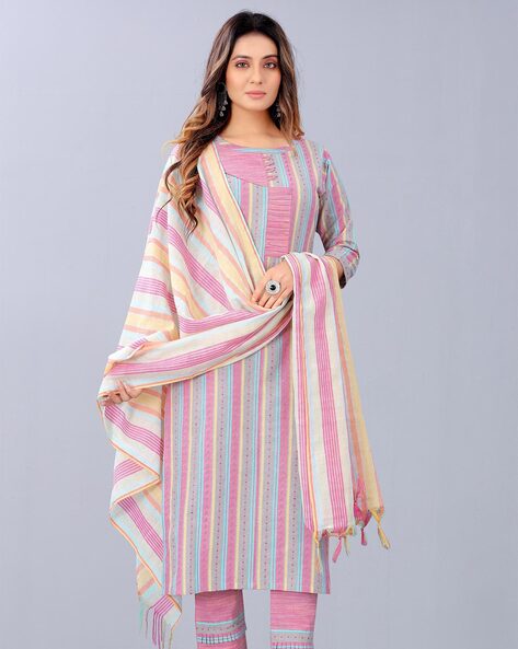 Striped 3-piece Semi-stitched Dress Material Price in India