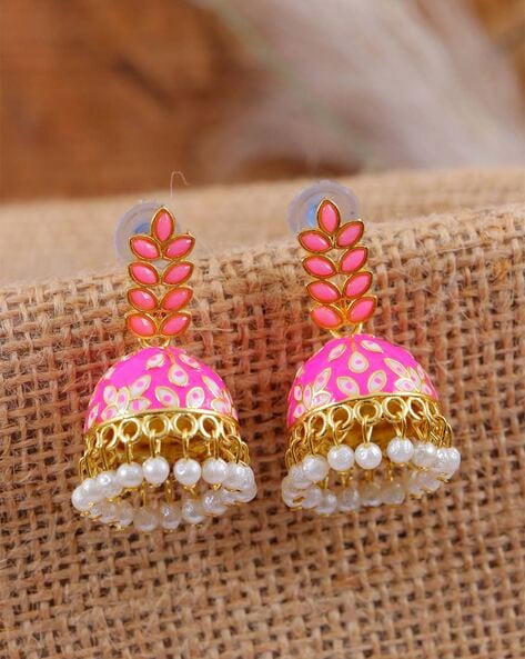 Gold-Plated Stones Studded Meenakari Jhumka Earrings in Maroon and Whi –  Priyaasi