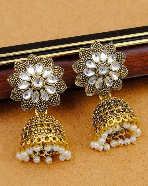 Amazon.com: Indian Jhumka Earrings for Women | Earring for Women with  Pushback Closure | Trendy Leaf Design | Pearl Drop & Stone-Studded | Gold  Plated | Bridal Earrings | Ethnic Earrings by