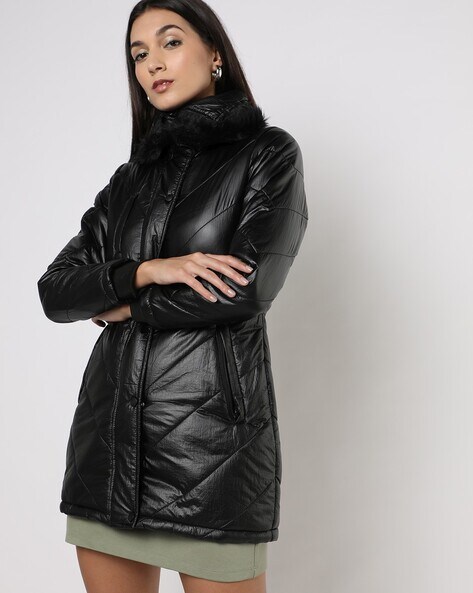 Label Ritu Kumar Black Printed Faux Leather Biker Jacket with Fur for Women