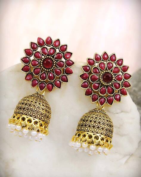 Gold Plated Green Stone Jhumkas by Niscka - Jhumka Earrings Gold