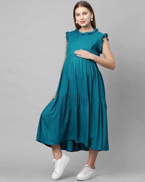 blue ruffle neck dress