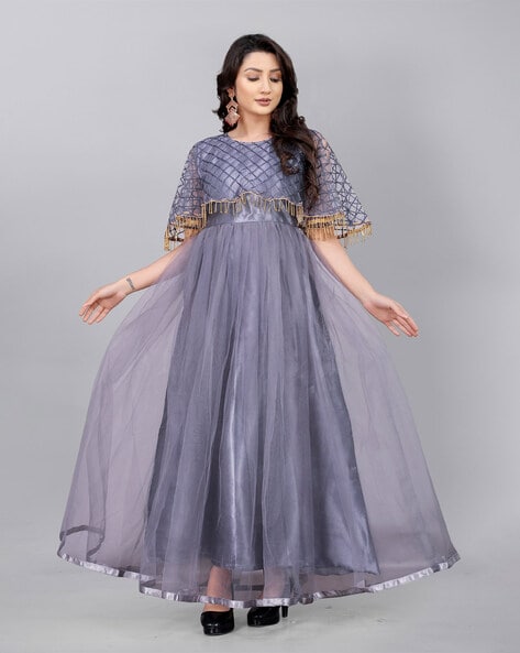 Net Designer Gown In Grey Color