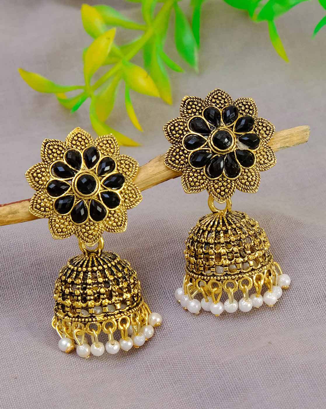 Chandbali Oxidised Silver Jhumka Jhumki Earring, Long Earrings, Black  Polish Indian Stone Earrings, Pearl Earring, Handmade Temple Earring - Etsy