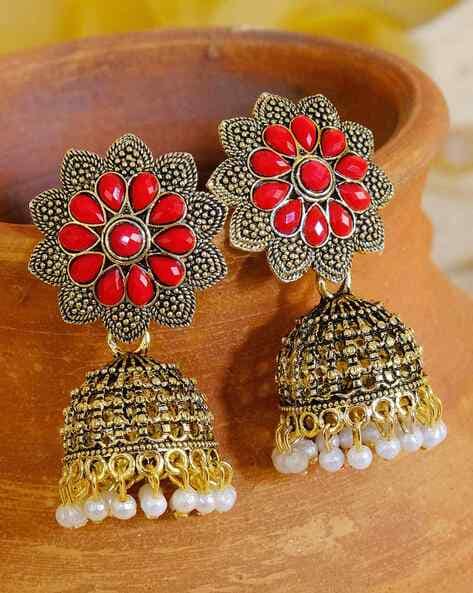 Mahi Meenakari Work Red Artificial Bead Floral Jhumka Drop Earrings fo