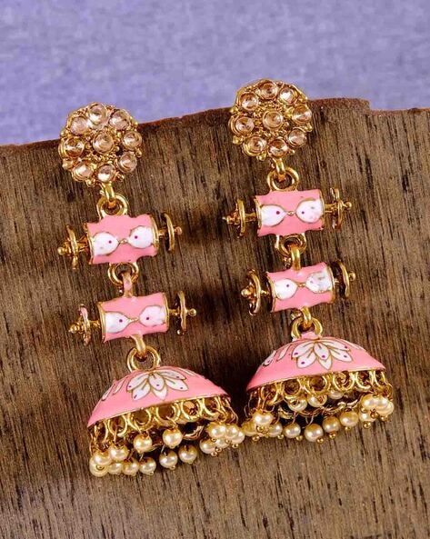 Baby pink Yellow Gold Earring and maang tikka set - Ramdev Product - 4239620