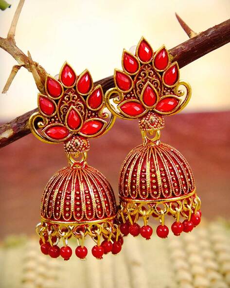 Buy Red Stone Flower Oxidised Jhumka | Oxidised Jhumka Online – Nithilah