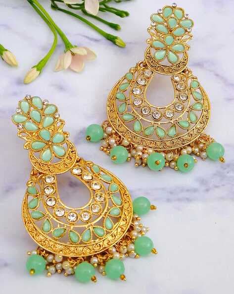 Light Green Meenakari Lotus Jhumka Earring for Wedding | FashionCrab.com