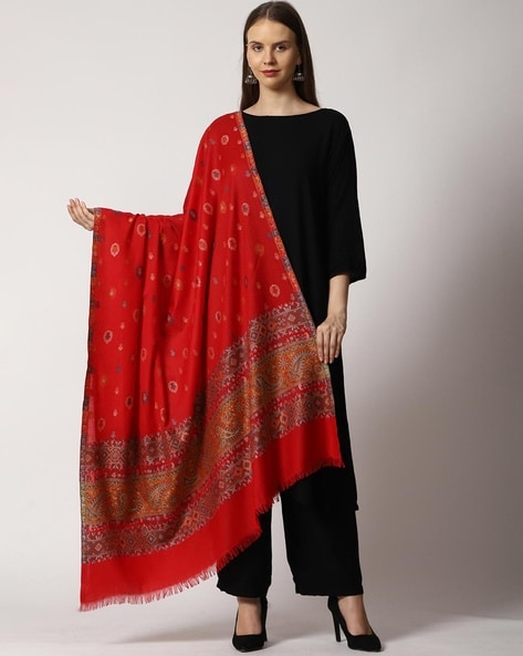 Floral Woven Shawl with Fringes Price in India