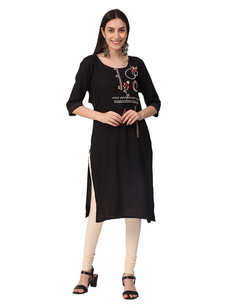 Women Jaipuri Printed Pure Cotton Kurti With Cotton Leggings Set - Black/Pink  - KAPADAA.COM