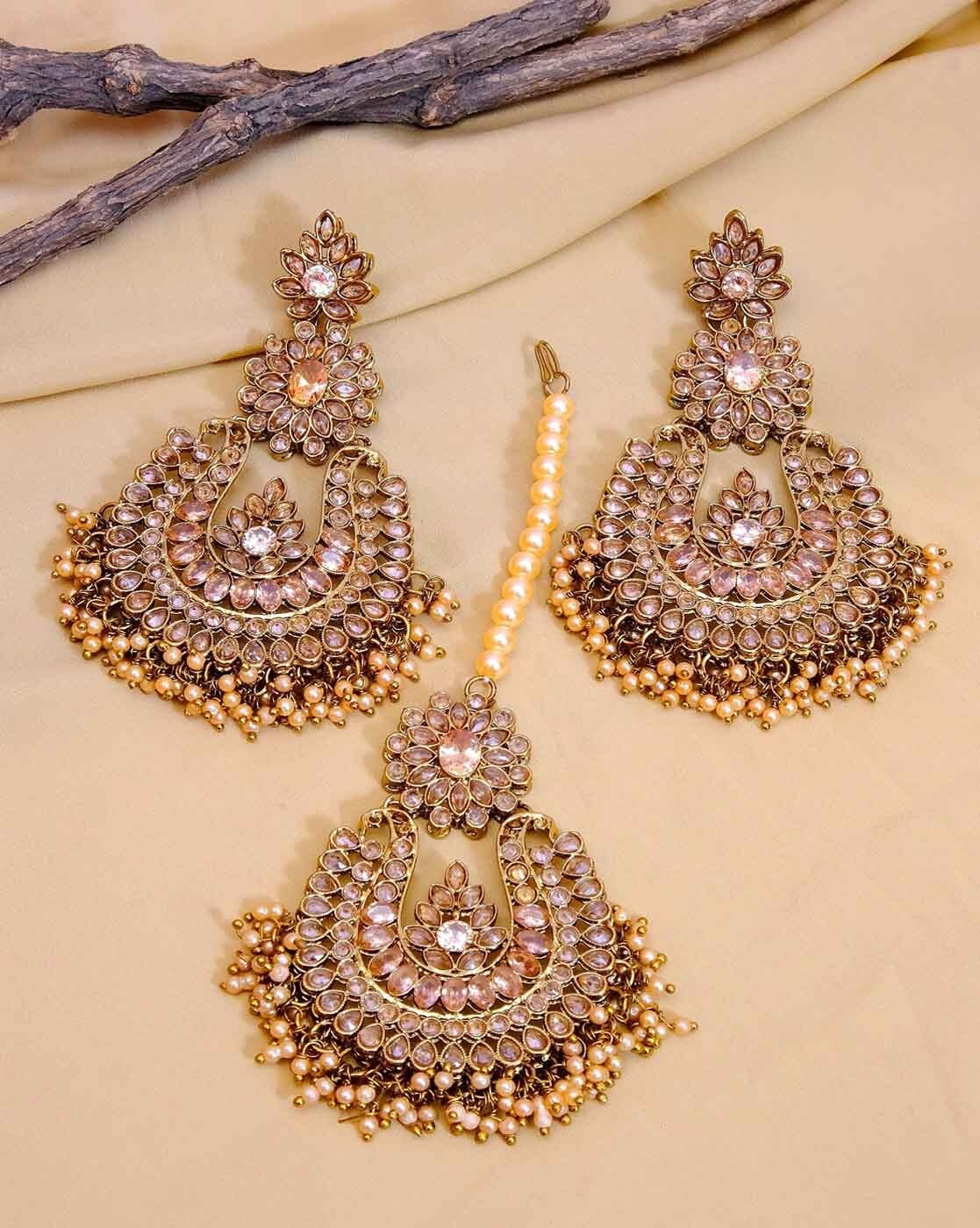I Jewels Gold Plated Traditional Big Kundan  Pearl Chandbali Earrings with  Maang Tikka Set for WomenGirls TE3002G1  I Jewels  4036372