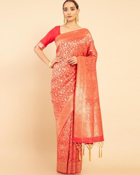 Soch Red & Gold Ethnic Motifs Embroidered Net Saree - Absolutely Desi