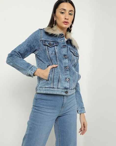 Hooded Denim Jacket w/Faux Fur Lining - Casual 2 Dressy Women's Clothing