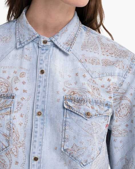 Indigo Floral Embroidered Collar & Sleeve Detailed Denim Shirt |  ADFY-PEDT-003 | Cilory.com