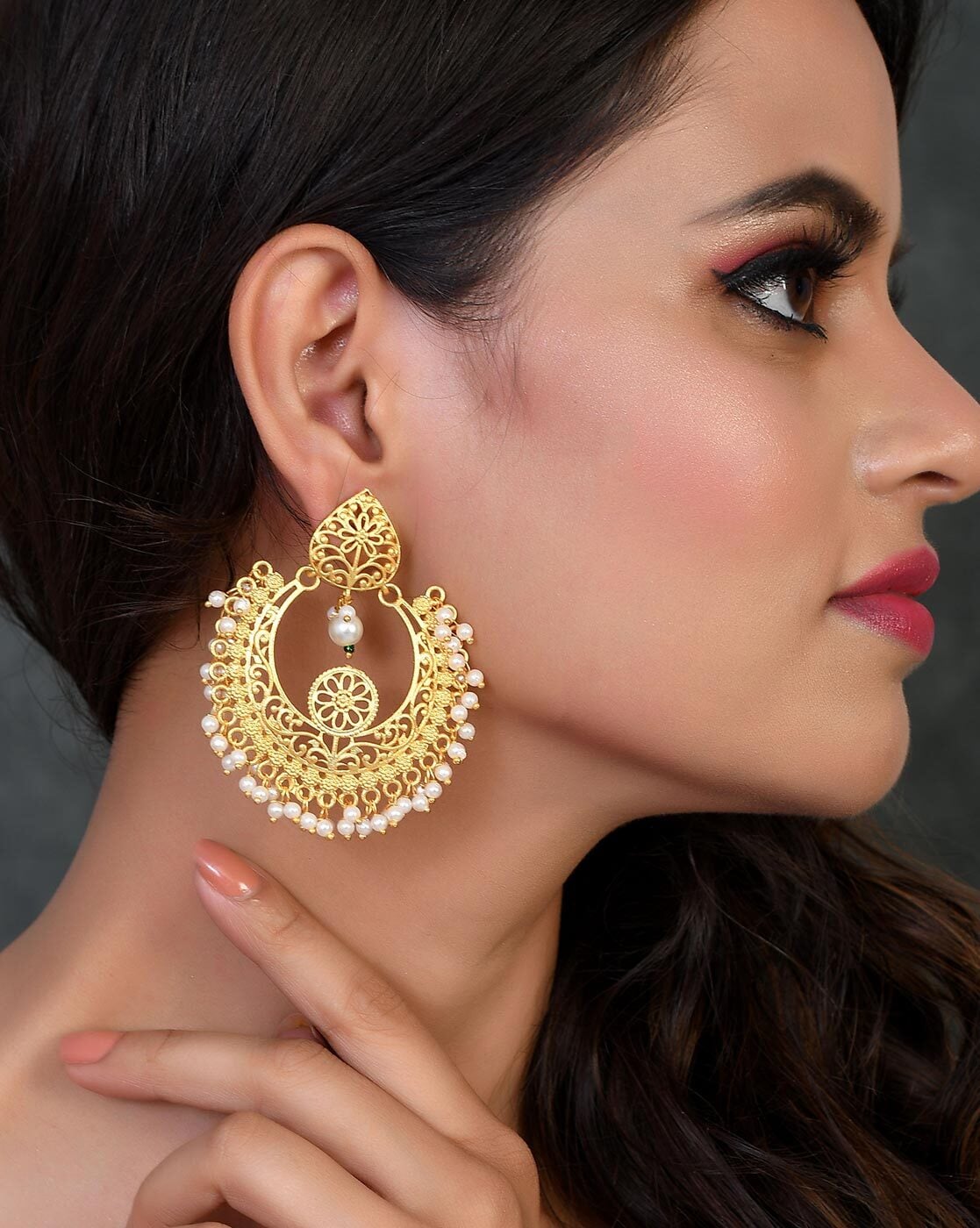 Gold Plated Pearl Jadau Chandbali Earrings in Silver ER 043