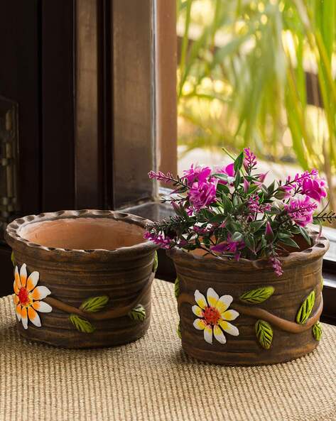 Hand-painted Planter Pots In Terracotta