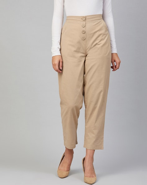 Tapered Leather Trousers - Khaki Beige - ARKET