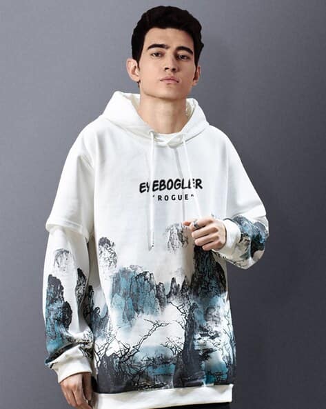 Graphic Print Hoodie with Cuffed Sleeves - Main Image