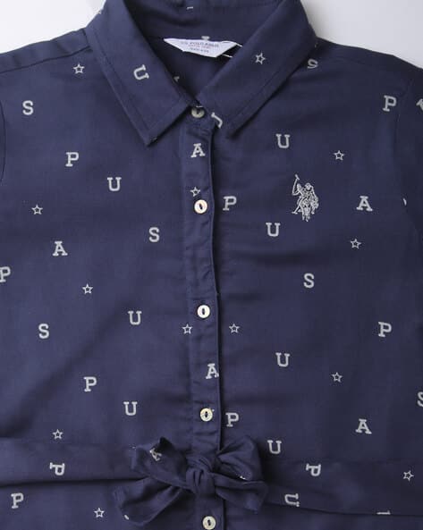 Brand Print Shirt Dress with Tie-Up