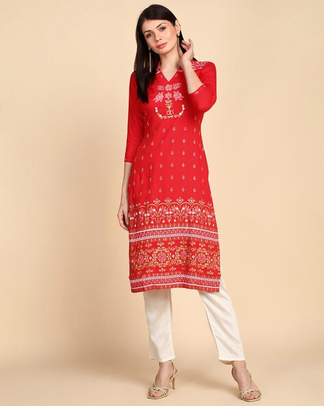 Red Chikankari Straight Kurti in Chanderi Fabric for Women Indian Bollywood  Designer Wear Kurta Lakhnavi Kurti With Hand Embroidered Iyada - Etsy
