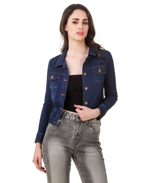 Clo Clu Full Sleeves Comfort Fit Regular Collar Solid Denim Jacket for Women