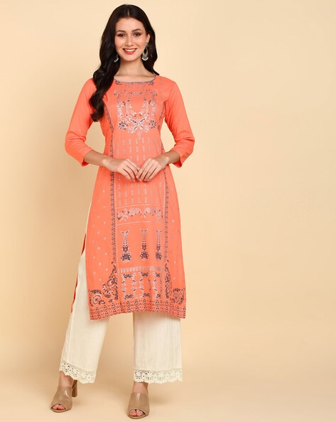 Pink Weaves Women Peach Coloured Ethnic Motifs Printed Sequinned Kurti With  Thread Work - Pink Weaves