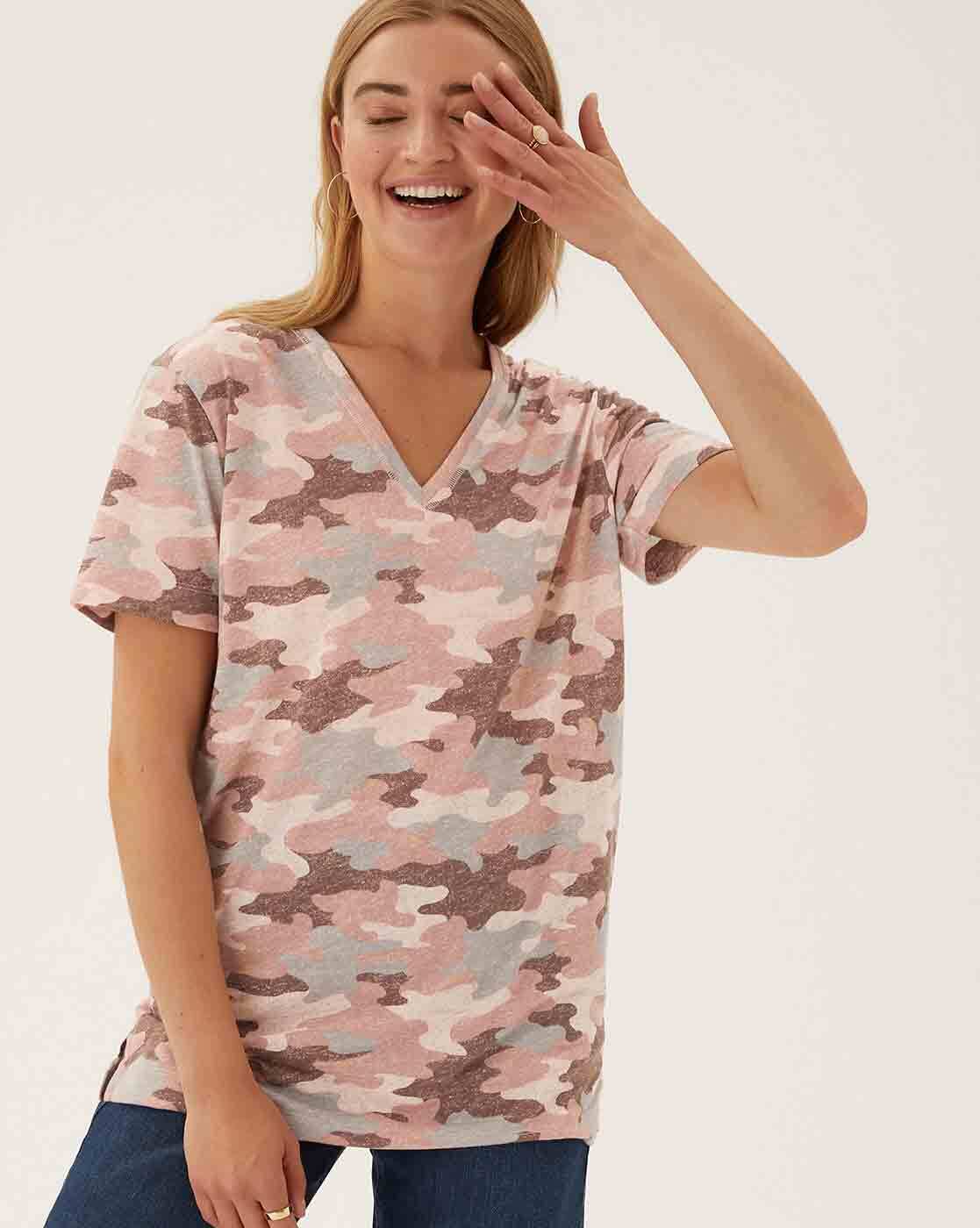 Floral & Camo Print Crew Neck Cotton T-Shirt, Tee, Women's Camouflage Button Short Sleeve Casual Women's Clothing Tops,Temu