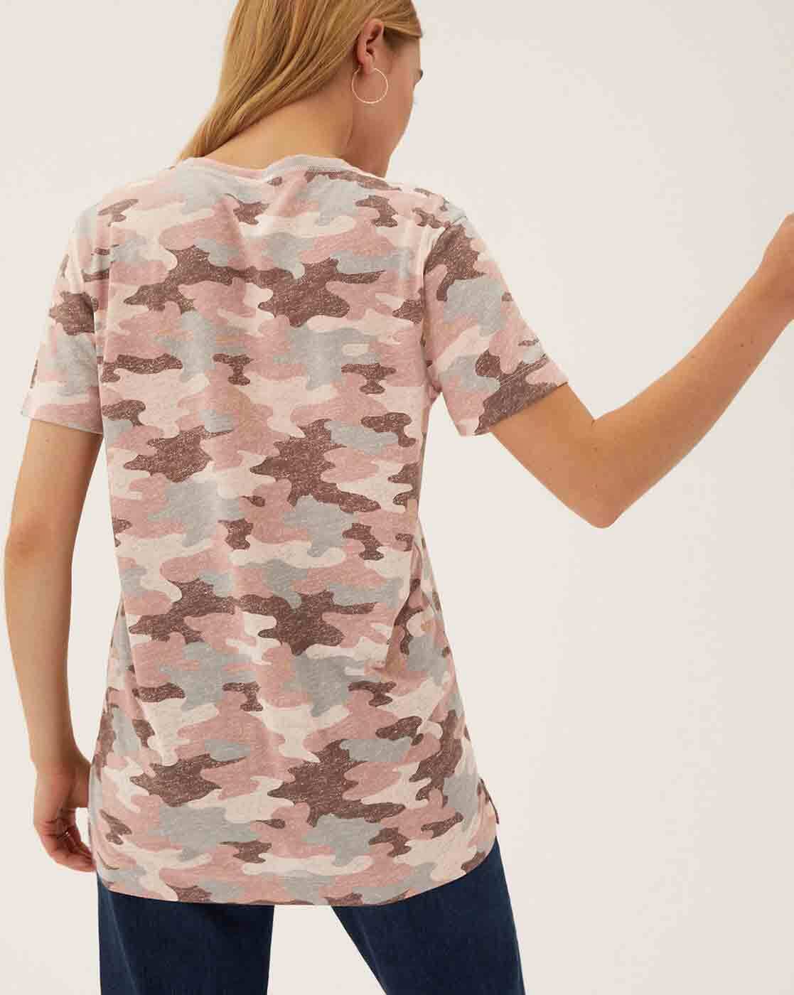Floral & Camo Print Crew Neck Cotton T-Shirt, Tee, Women's Camouflage Button Short Sleeve Casual Women's Clothing Tops,Temu