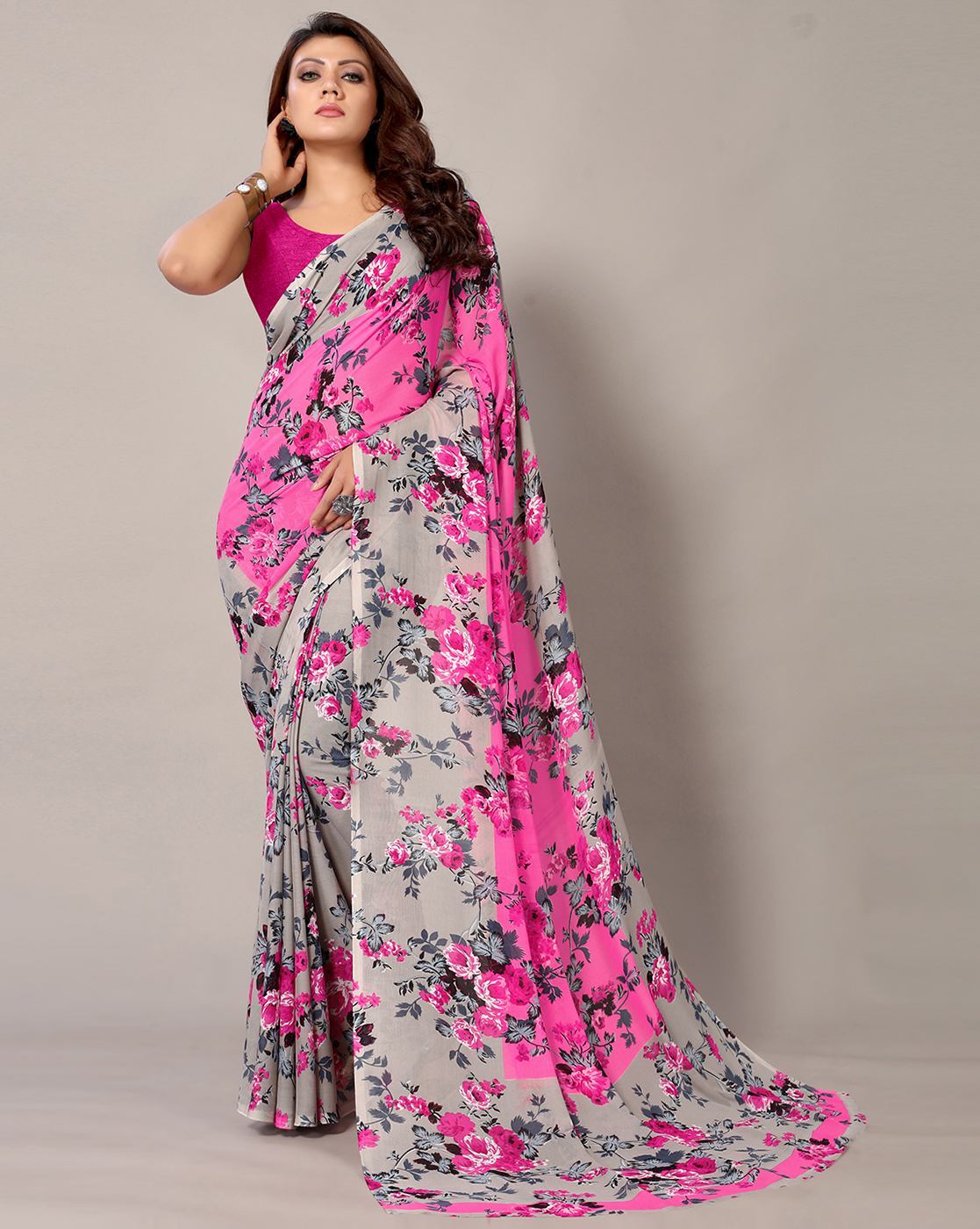 SIRIL Women's Floral Printed Georgette Saree with Unstitched Blouse  Piece(2740S1178_Pink, White) : Amazon.in: Fashion