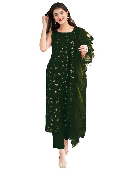 Embellished 3-piece Semi-stitched Straight Dress Material Price in India