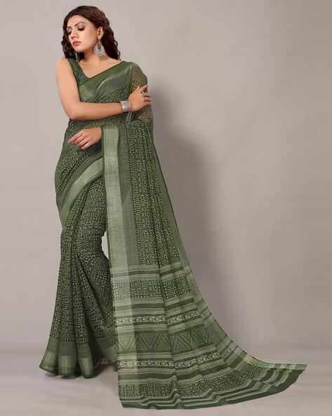 Dark Green Cotton with Lurex stripes saree– Swapna Creation