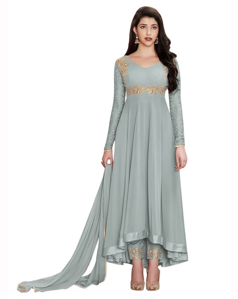 Embellished Semi-stitched Anarkali Dress Material Price in India