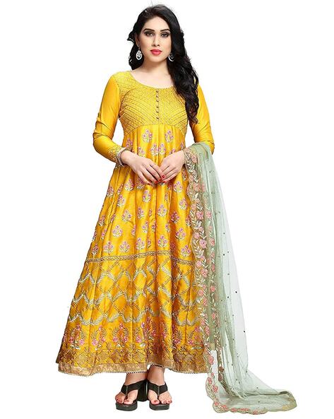 Embroidered Semi-Stitched Anarkali Dress Material Price in India