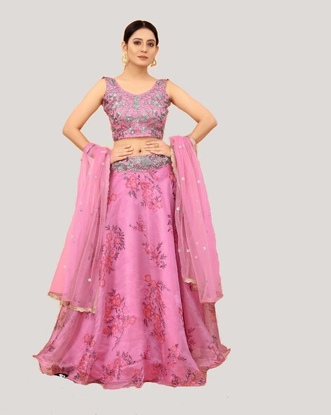 libzu Women`s Embroidered Satin Silk Semi-Stitched Lehenga Choli Set with  Dupatta & Blouse | Pink : Amazon.in: Fashion