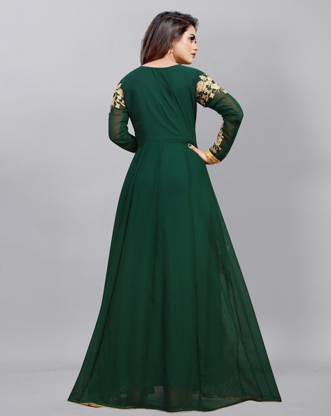 BOTTLE GREEN TIERED DRAPED GOWN SET WITH AN EMBROIDERED BODICE AND A 3D  SHOULDER DETAIL - Seasons India